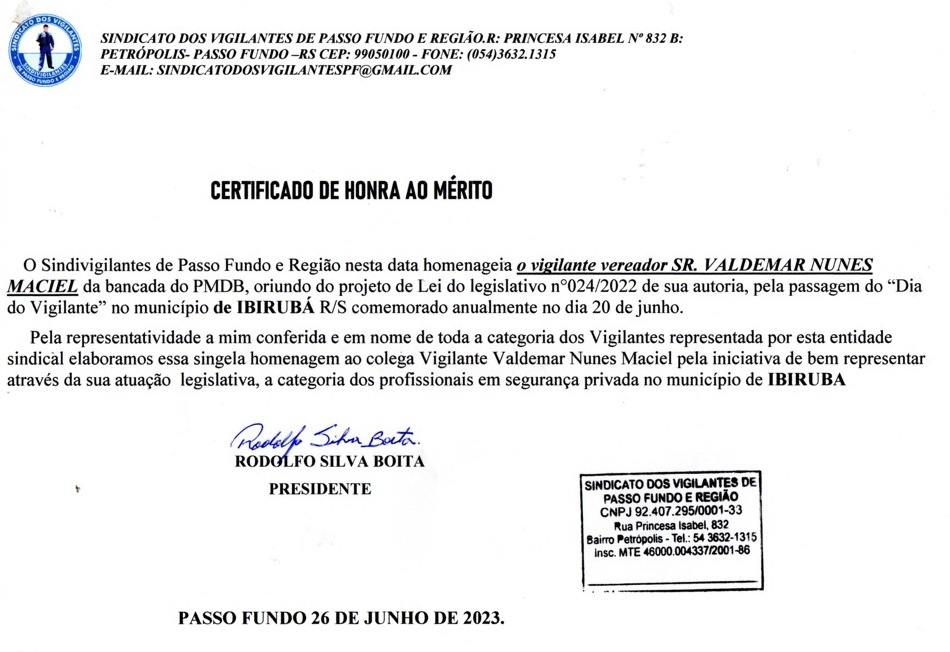 Certificado de Honra ao Mérito