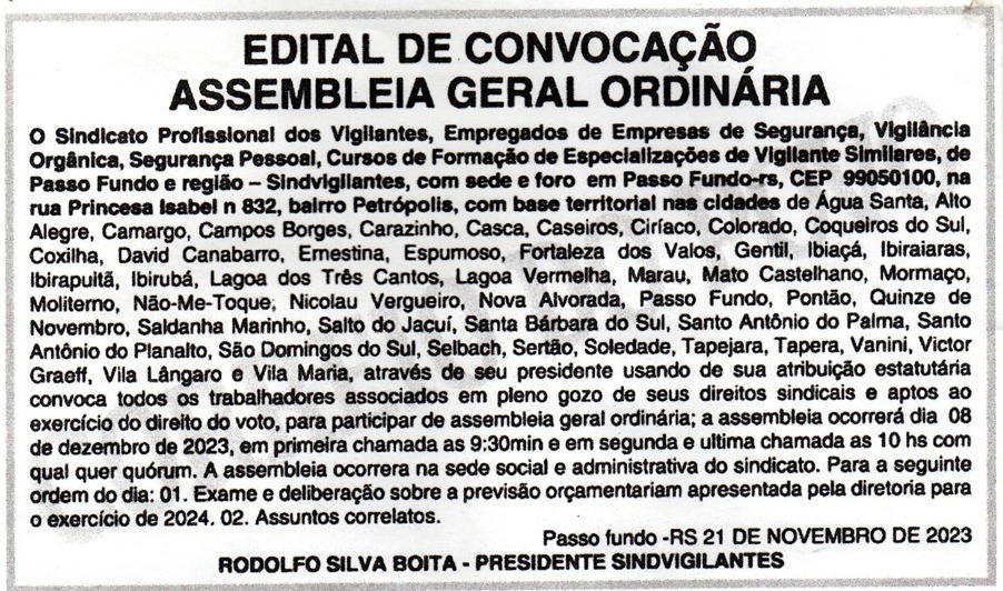 CONVOCAÇÃO/ ASSEMBLEIA ORDINARIA