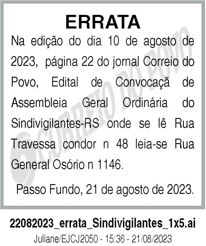 Errata - Edital de Convocação de Assembléia Geral Ordinária